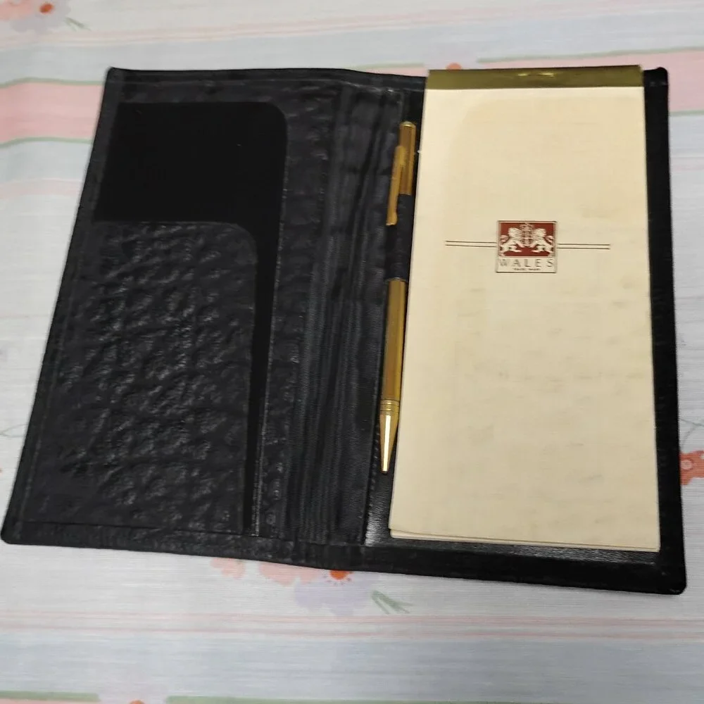 ❤️WALES Black Rhino Cowhide Leather Clutch Note and Passport Wallet +Gold Pencil